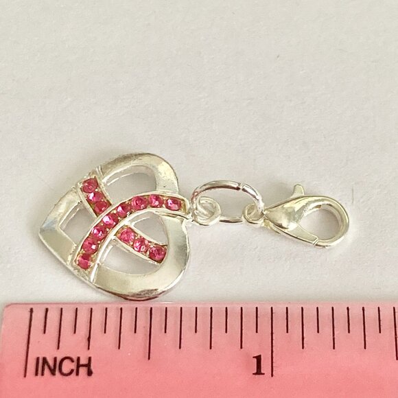 Pink Ribbon European Slider Clip On Charm For Bracelet Bag Purse Crystal Heart - Picture 9 of 11